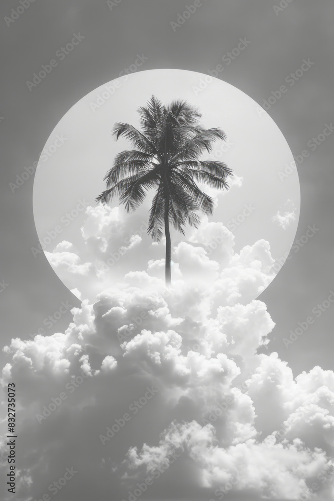 Aufkleber a minimalist composition of a palm tree on a cloud, framed by a simple circle,