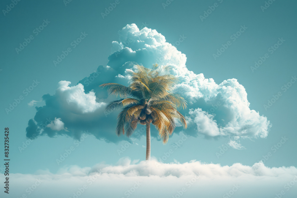 Fototapete A minimalist depiction of a palm tree with coconuts, perched on a fluffy cloud in a serene setting,