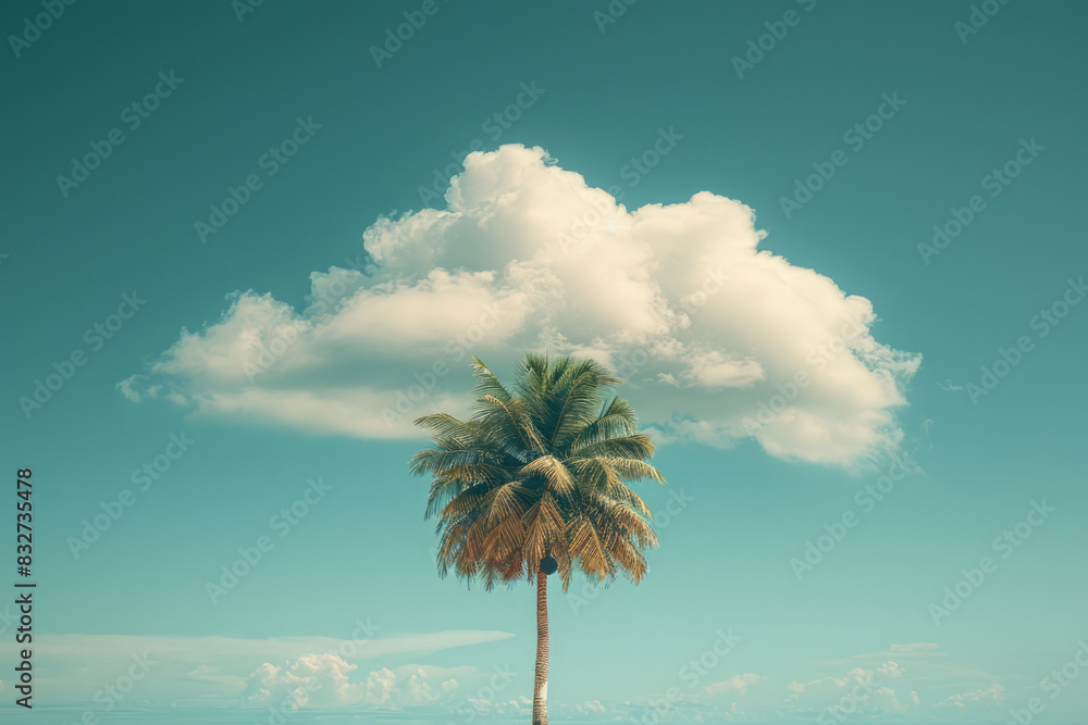 Aufkleber a minimalist depiction of a palm tree with coconuts, perched on a fluffy cloud in a serene setting,