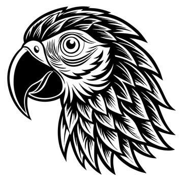 recommend clip art: Intricate Black and White Parrot Head Vector Illustration