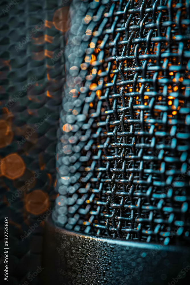 Aufkleber Macro shot of a modern microphoneâ€™s mesh grille, capturing the fine texture and subtle reflections,