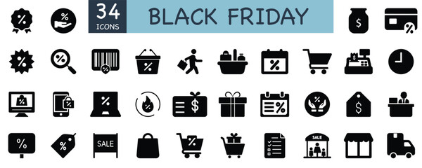 Black Friday Icons Set with Shopping and Discount Symbols