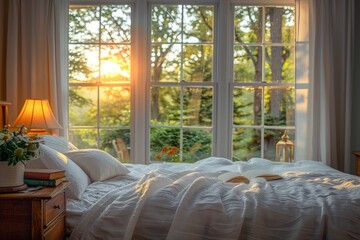 Fototapeta premium Cozy bedroom with morning sunlight streaming through large windows