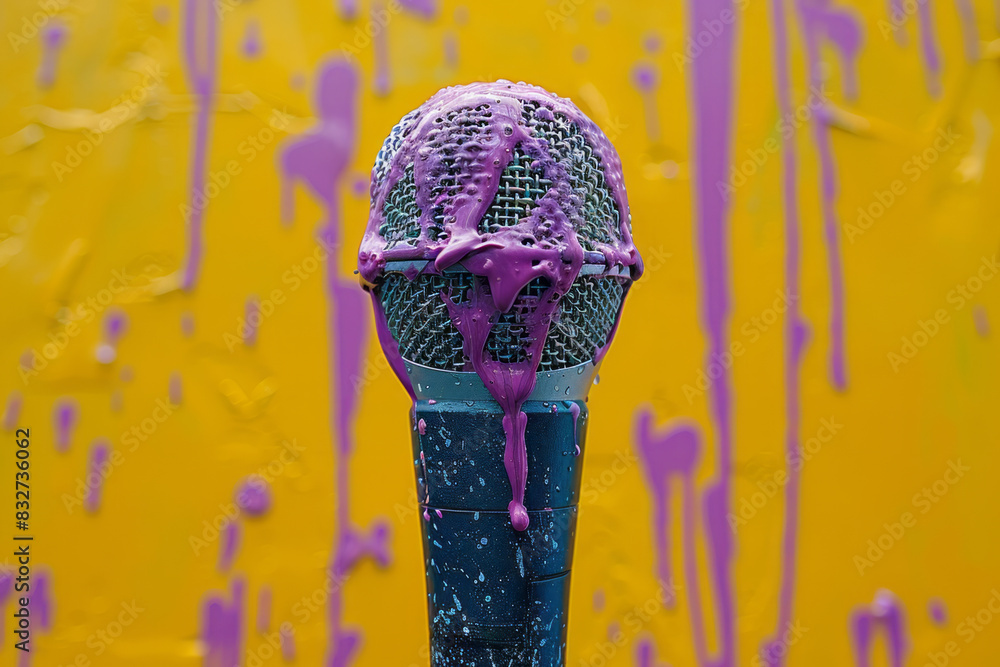 Poster a condenser microphone with bold purple paint dripping down, creating contrast on a yellow backgroun