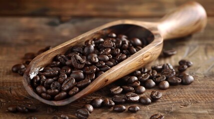 Obraz premium A wooden s scooping out a generous portion of deep brown organic coffee beans.