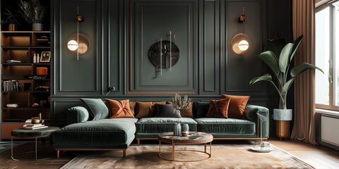 Stylish living room design in an apartment with a sectional sofa, abstract art, and a flatscreen TV