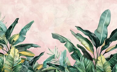 Illustration of tropical wallpaper print design with palm banana leaves and birds on canvas texture. Tropical plants and birds on textured&nbsp;background. AI generated illustration