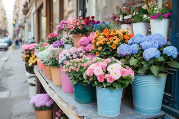 Fototapeta premium Urban flower market with blurred background offering ample space for text placement