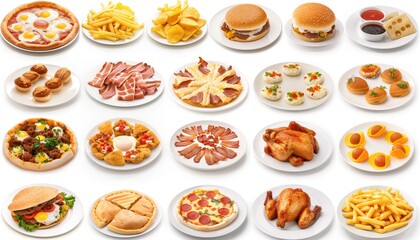 All Fast Food collection set, isolated on white background. Fried chicken, fries, pizza, sandwich, chicken nuggets, eggs and bacon, shawarma, prawns. Junk food of Fast Food set. Closeup of fast foods.