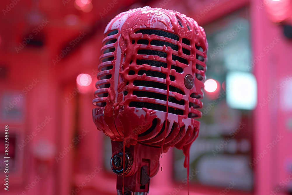 Poster a retro microphone with deep red paint running down on a light pink background,