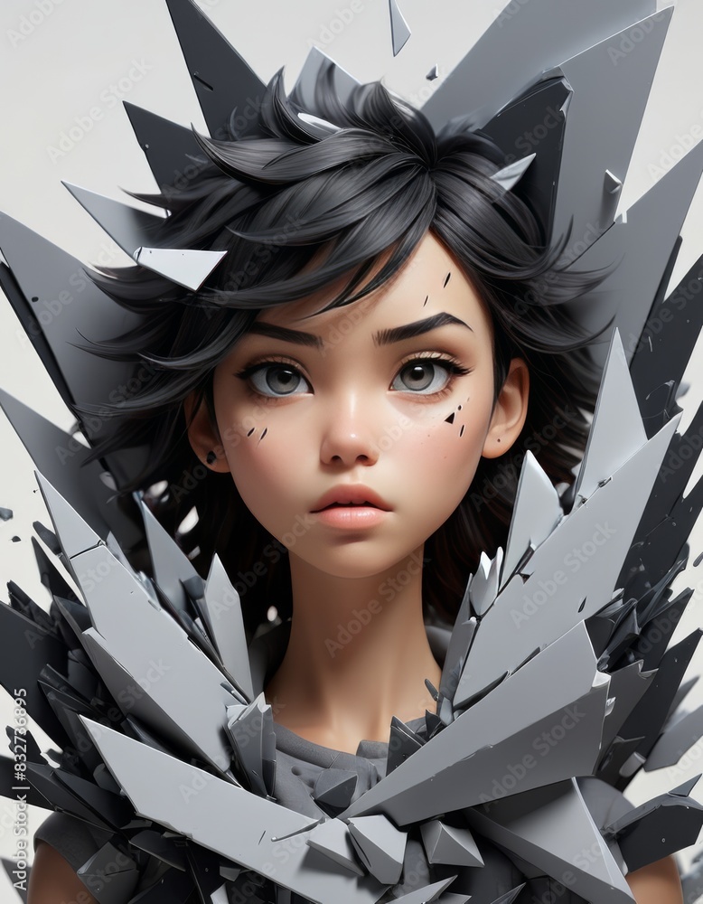 Poster a striking portrait of a woman with black hair and shattered gray armor. the contrast between the so