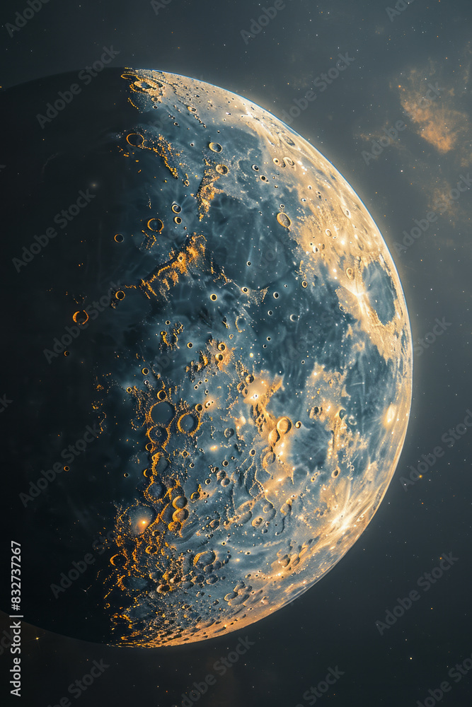 Poster macro shot of a birthmark shaped like a moon, highlighting the subtle gradients and craters,