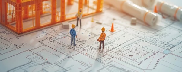 Miniature construction workers on blueprints with building model. Studio shot with blurred background. Construction and planning concept