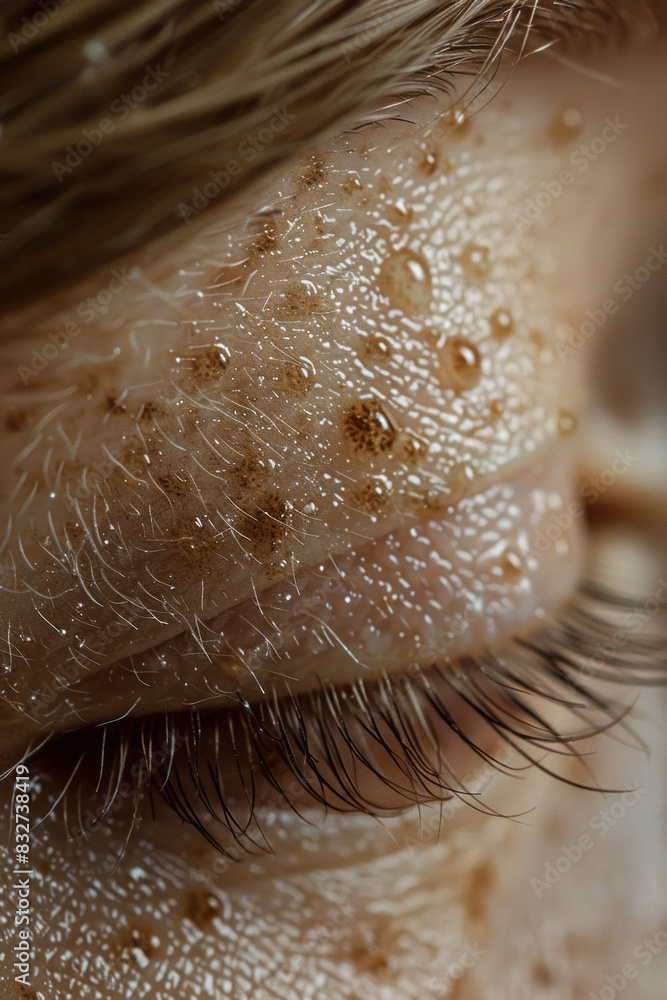 Poster macro view of a mole on the back of the neck, with the surrounding skin and small freckles,