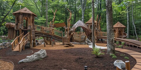 Natureinspired playground with treehouse structures, wooden bridges, and natural elements