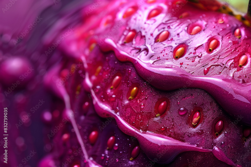 Poster macro view of red paint creating abstract patterns on a steel strawberry against a dark purple backg