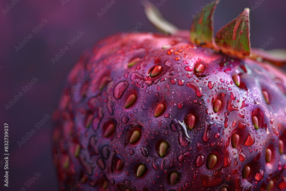 Poster macro view of red paint creating abstract patterns on a steel strawberry against a dark purple backg