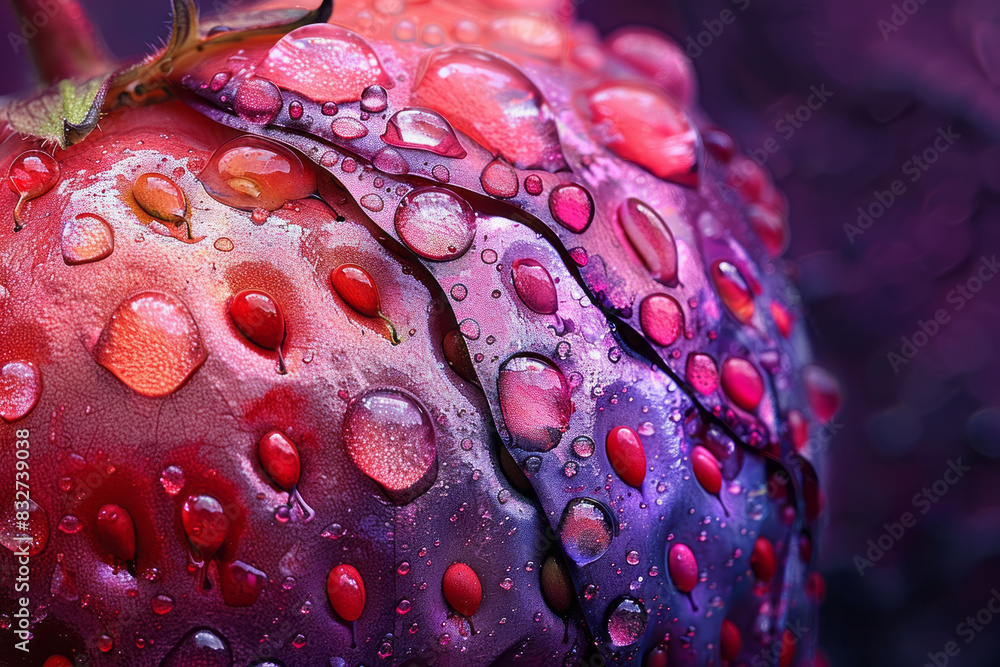 Aufkleber macro view of red paint creating abstract patterns on a steel strawberry against a dark purple backg