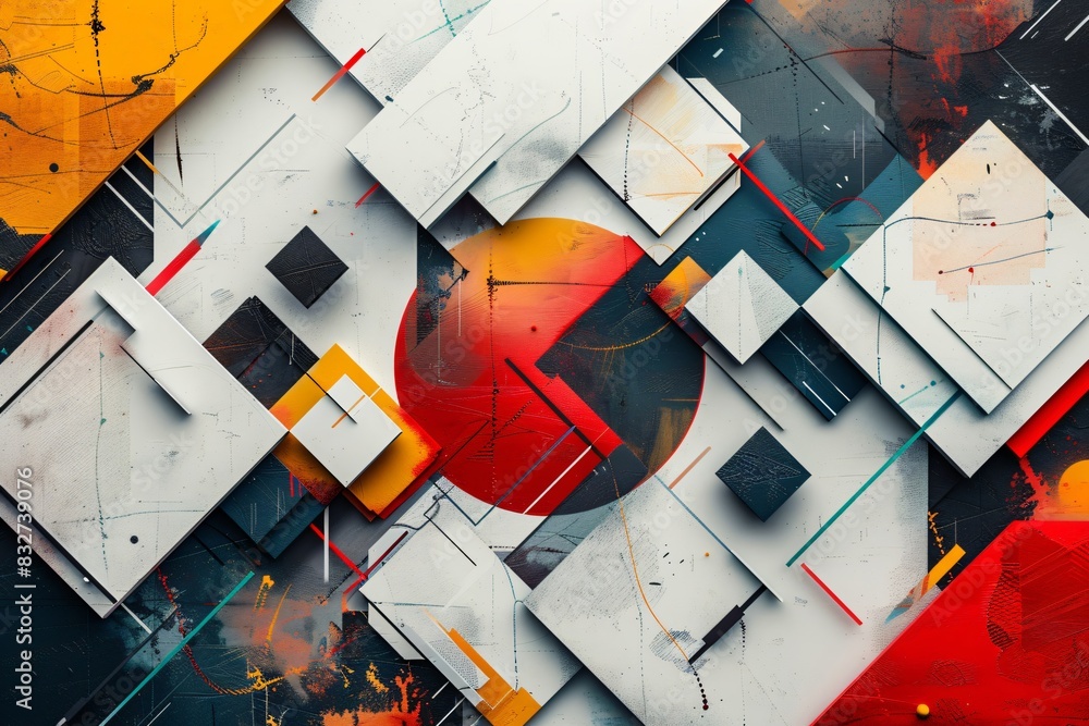 Poster red circle encircled by squares and squares