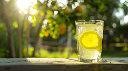 A glass transparent glass with mineral water or lemonade and a floating piece of lemon on the table against the backdrop of a city park on a hot summer day. Copy space