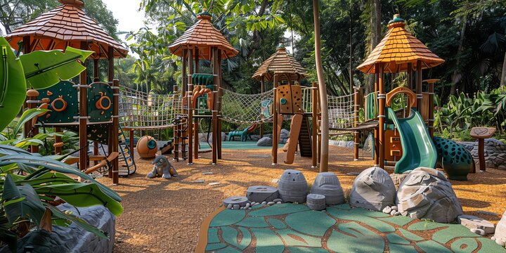 Playground with a jungle theme, featuring animal structures, rope bridges, and climbing walls