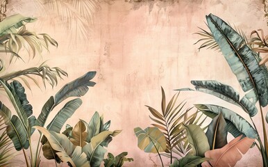 Illustration of tropical wallpaper print design with palm banana leaves and birds on canvas texture. Tropical plants and birds on textured background. AI generated illustration