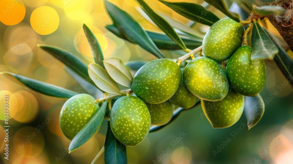 Poster branch with olives on blurred background, providing ample space for text placement