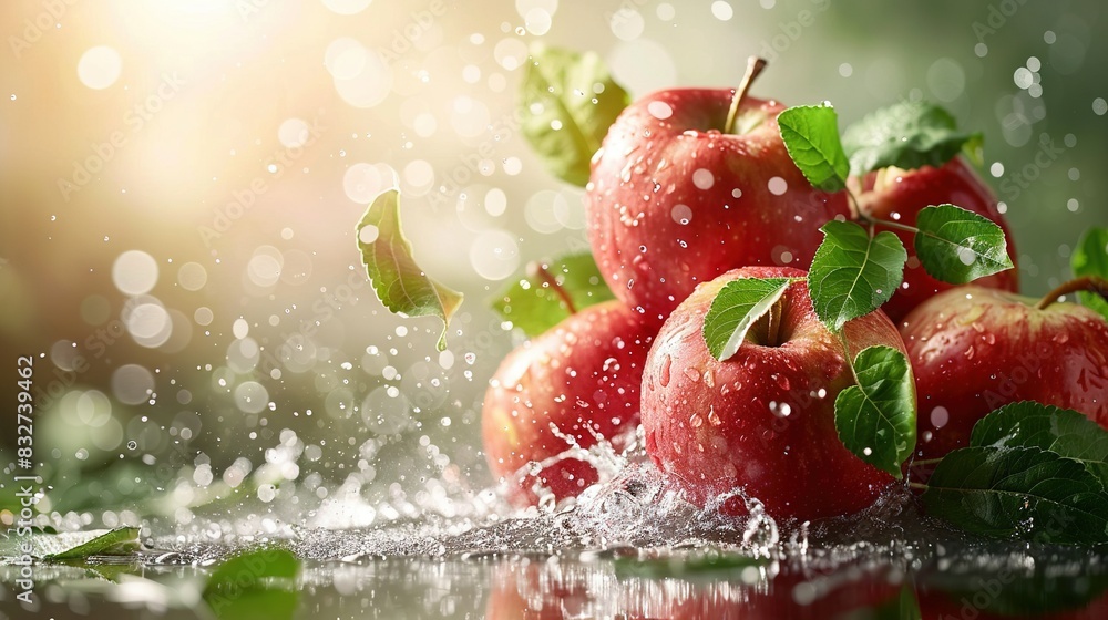 Aufkleber a stack of scarlet apples resting atop a dining table beside a heap of emerald leaves floating on a 