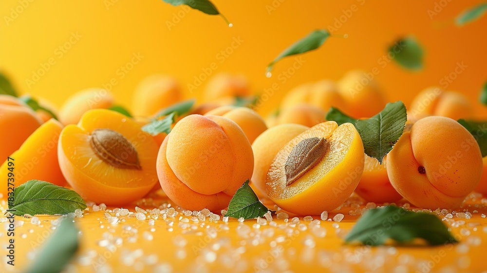 Poster a cluster of succulent apricots resting atop a table amidst foliage and sparkles