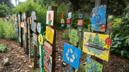A playful display of signs made from recycled materials each one featuring a different pun or joke related to environmentalism.