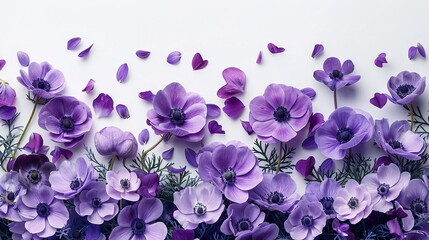   A white wall with an array of purple flowers adorning both sides