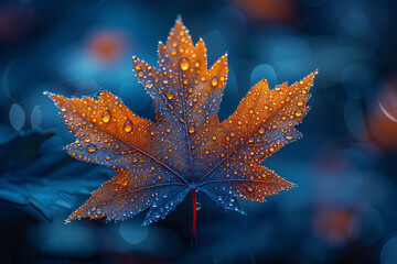 Macro image of a maple leaf, with glistening dewdrops highlighting its intricate veins,