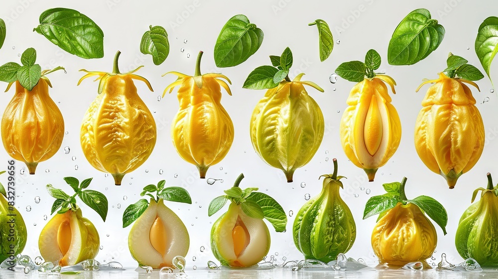 Poster an array of photos showcasing different fruits and veggies with attached foliage and water drops