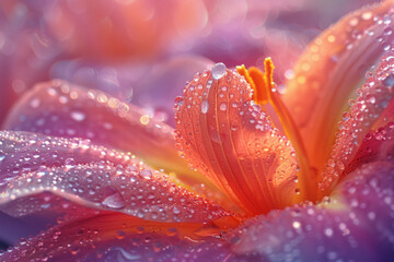 A close-up of a lily petal, with sparkling dewdrops creating a serene, tranquil scene,