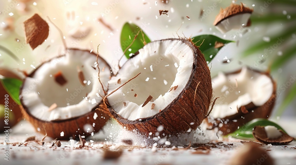 Poster a table adorned with several coconuts and an array of leaves, featuring coconuts perched atop the fo