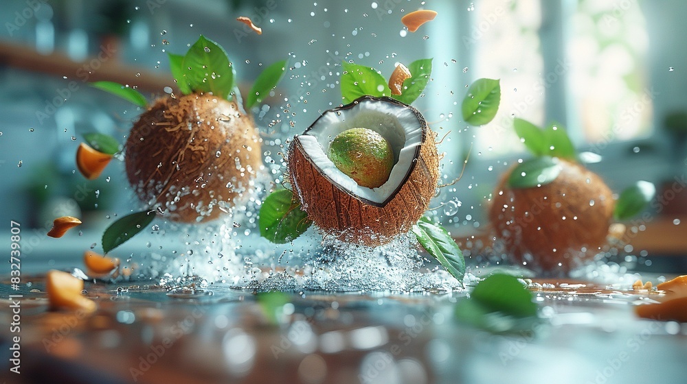 Poster a close-up of a fruit with water splashing from its shell and leaves inside