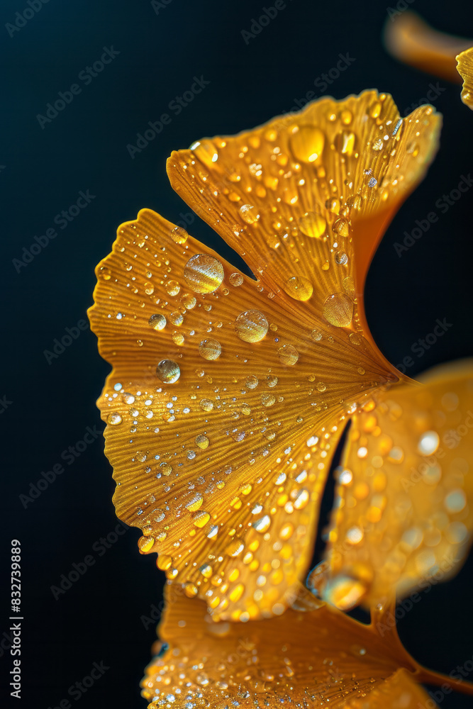 Poster macro image of a ginkgo leaf, with shimmering dewdrops enhancing its unique fan shape,