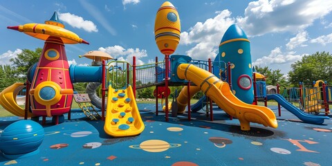 Naklejka premium Playground with a space theme, including rocket ships, planets, and alien structures