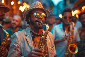 Street saxophone players. Musicians playing saxophone on the street