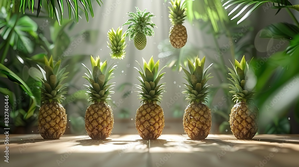 Poster a cluster of pineapples resting atop a wooden table near an array of green palm fronds