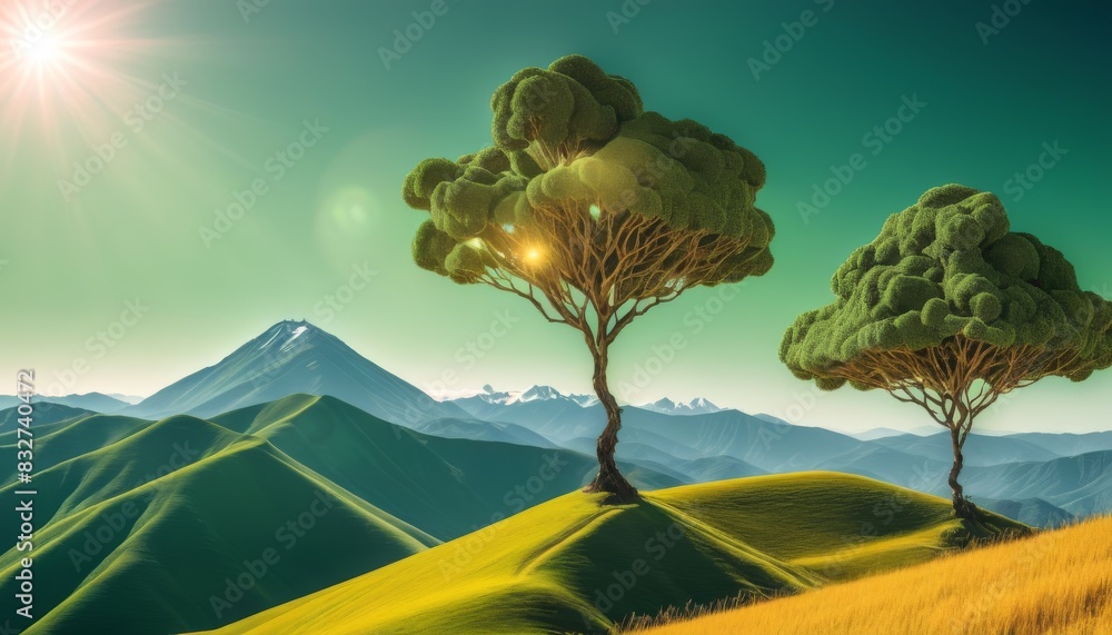 Poster A stylized image featuring lush green hills and whimsically shaped trees under a clear sky, with mountains in the distance.. AI Generation