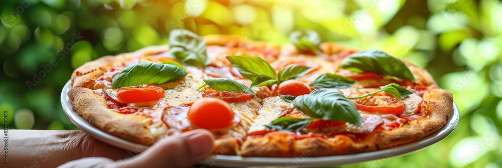 Aufkleber close up of pizza held in hands on blurred background with ample space for text placement