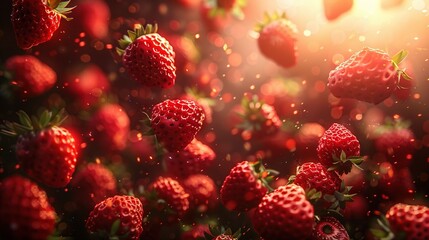   Strawberries floating in sunshine against blurred background