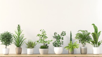 3D rendering of various indoor plants in pots and on a wooden sideboard against a white background, featuring green houseplants for indoor decor and decoration design concepts