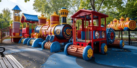 Playground with a train theme, including trainshaped structures, tracks, and tunnels