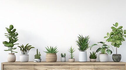 Obraz premium 3D rendering of various indoor plants in pots and on a wooden sideboard against a white background, featuring green houseplants for indoor decor and decoration design concepts