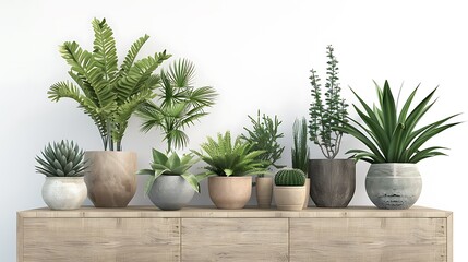 Fototapeta premium 3D rendering of various indoor plants in pots and on a wooden sideboard against a white background, featuring green houseplants for indoor decor and decoration design concepts