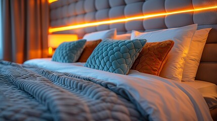   A close-up of a neatly made bed with blue and orange pillows and a yellow light behind it