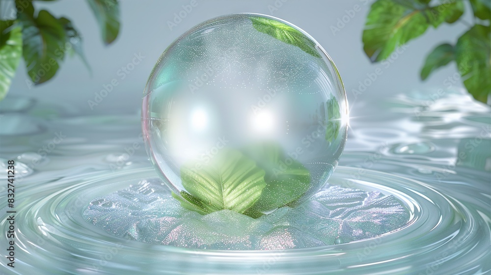 Poster a transparent sphere hovering over a water surface, while a green foliage rests on its underside