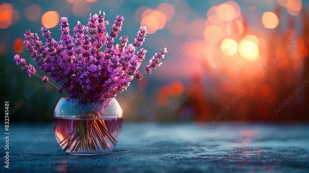 Poster a vase filled with purple flowers rests on a wooden table against a hazy backdrop of illuminated obj